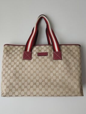 Gucci Monogram Canvas Travel/Laptop Tote with Dark Red Trim and Striped Handles